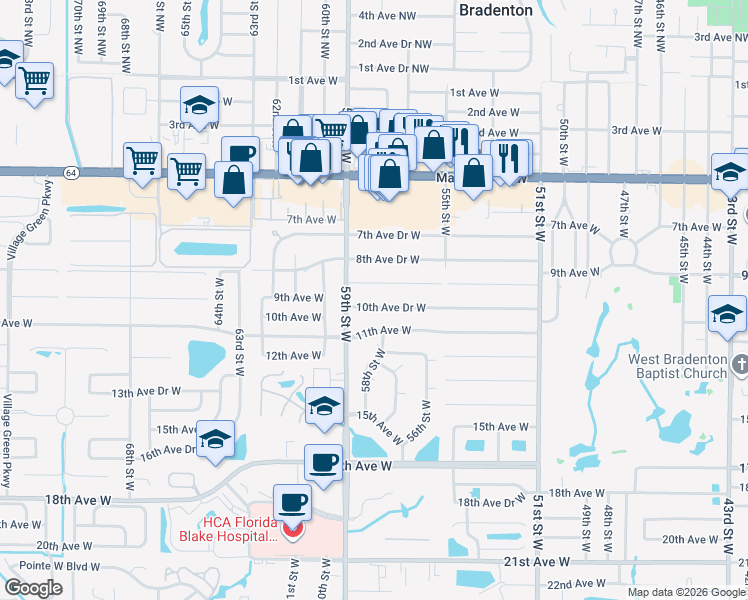 map of restaurants, bars, coffee shops, grocery stores, and more near 5711 10th Avenue Drive West in Bradenton