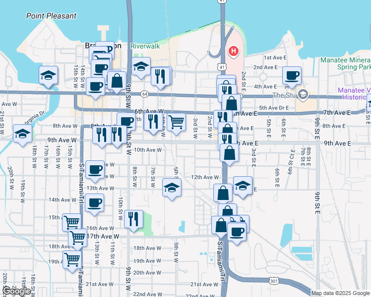 map of restaurants, bars, coffee shops, grocery stores, and more near 311 10th Avenue Drive West in Bradenton