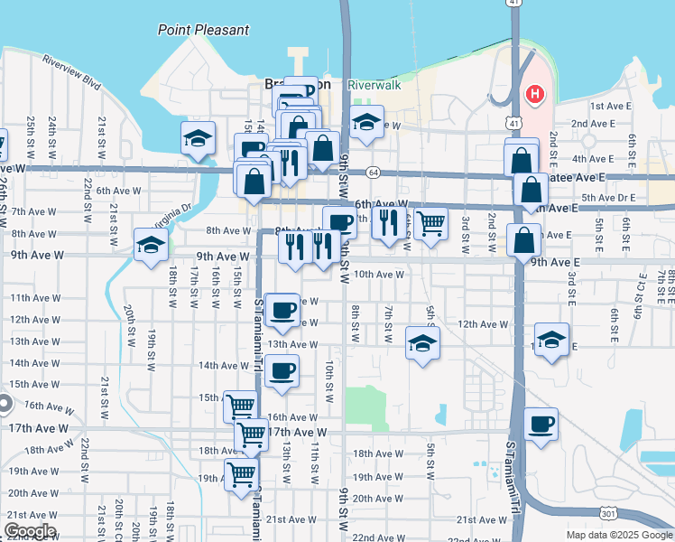 map of restaurants, bars, coffee shops, grocery stores, and more near 1010 9th Avenue West in Bradenton