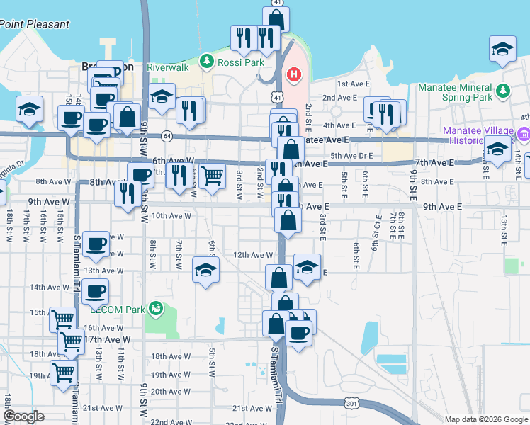 map of restaurants, bars, coffee shops, grocery stores, and more near 208 9th Street West in Bradenton