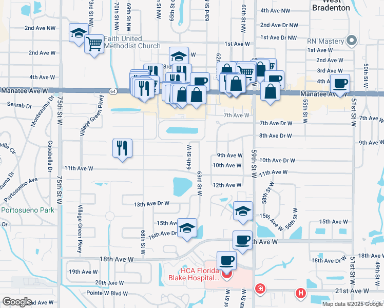 map of restaurants, bars, coffee shops, grocery stores, and more near 913 64th Street West in Bradenton