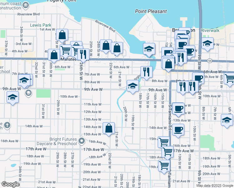 map of restaurants, bars, coffee shops, grocery stores, and more near 820 21st Street West in Bradenton