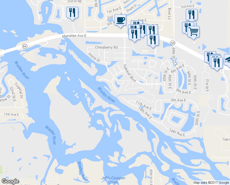 map of restaurants, bars, coffee shops, grocery stores, and more near 354 River Walk Court in Bradenton