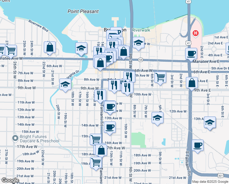 map of restaurants, bars, coffee shops, grocery stores, and more near 821 12th Street West in Bradenton