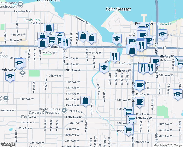 map of restaurants, bars, coffee shops, grocery stores, and more near 820 21st Street West in Bradenton