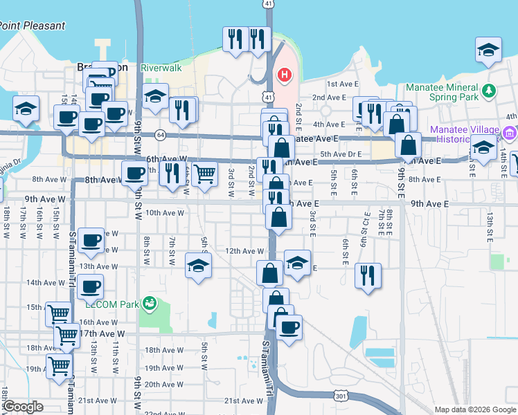 map of restaurants, bars, coffee shops, grocery stores, and more near 820 1st Street West in Bradenton