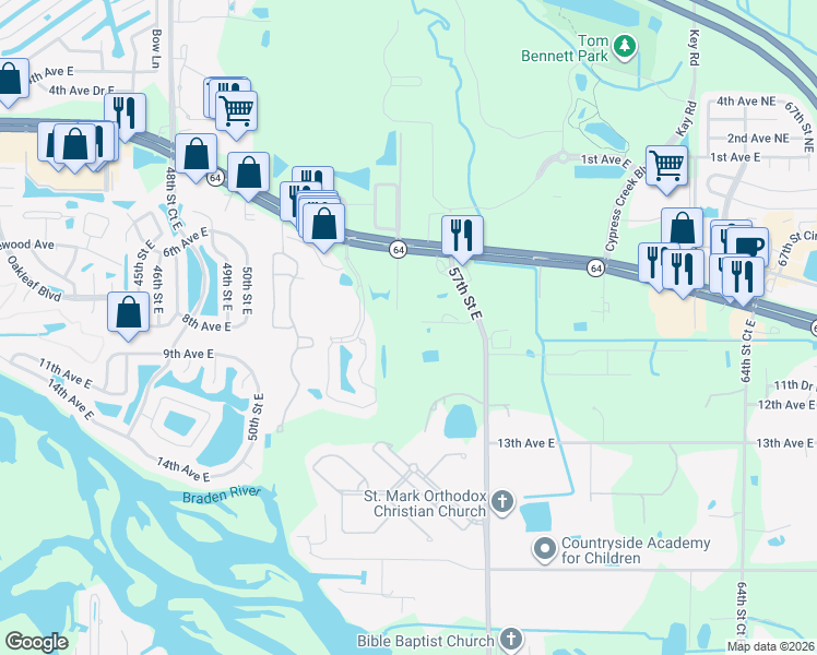 map of restaurants, bars, coffee shops, grocery stores, and more near 812 57th Street East in Bradenton