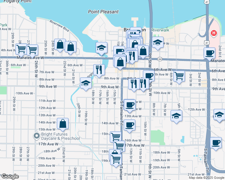 map of restaurants, bars, coffee shops, grocery stores, and more near 1525 Ballard Park Drive in Bradenton
