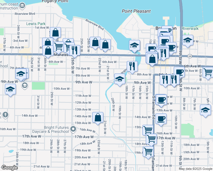 map of restaurants, bars, coffee shops, grocery stores, and more near 820 21st Street West in Bradenton
