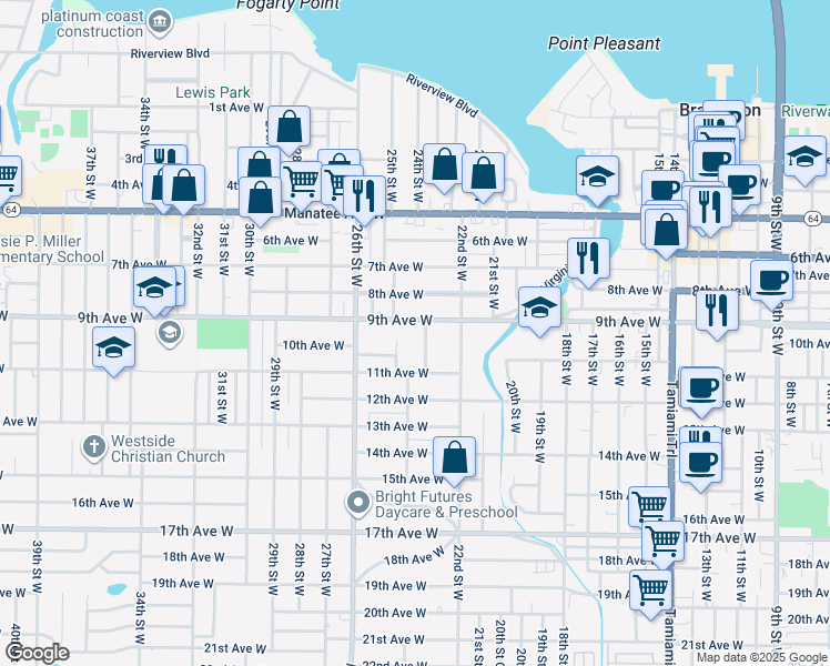 map of restaurants, bars, coffee shops, grocery stores, and more near 2402 9th Avenue West in Bradenton