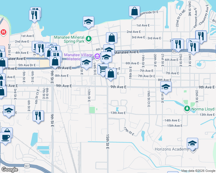 map of restaurants, bars, coffee shops, grocery stores, and more near 1500 Martin Luther King Avenue East in Bradenton