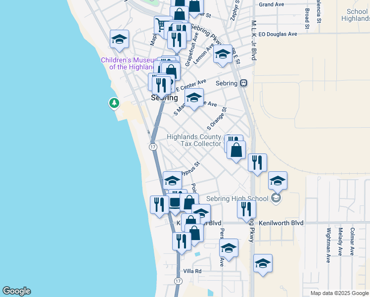 map of restaurants, bars, coffee shops, grocery stores, and more near 350 Oak Avenue in Sebring