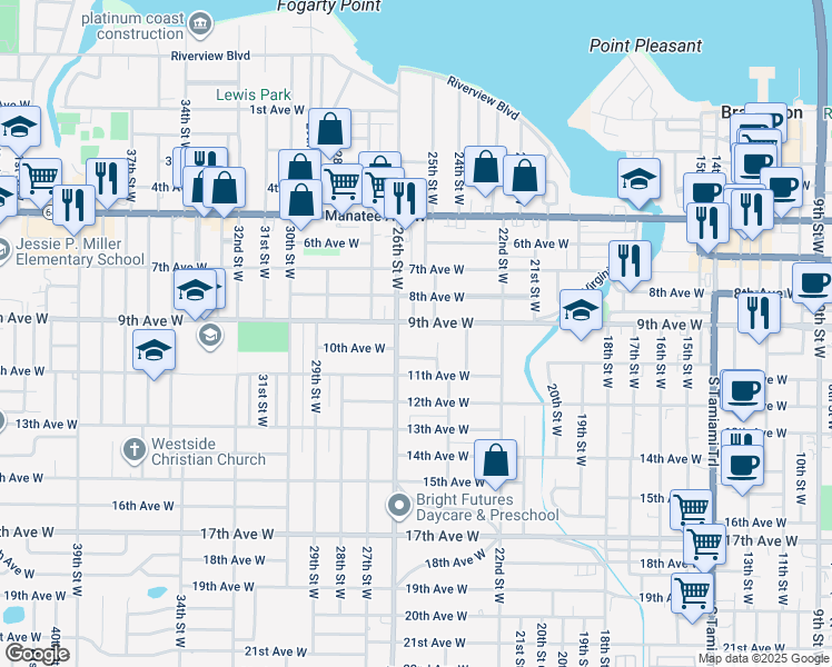 map of restaurants, bars, coffee shops, grocery stores, and more near 2519 9th Avenue West in Bradenton