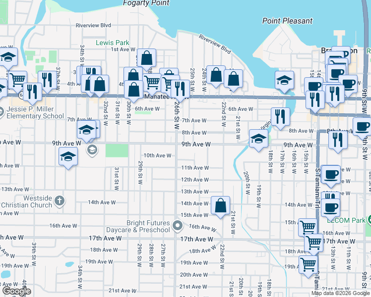 map of restaurants, bars, coffee shops, grocery stores, and more near 2528 9th Avenue West in Bradenton