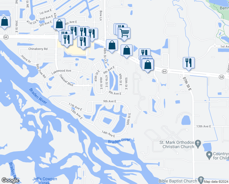 map of restaurants, bars, coffee shops, grocery stores, and more near 4847 8th Avenue East in Bradenton