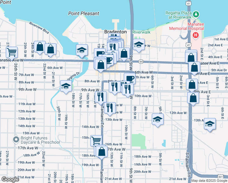 map of restaurants, bars, coffee shops, grocery stores, and more near 821 12th Street West in Bradenton