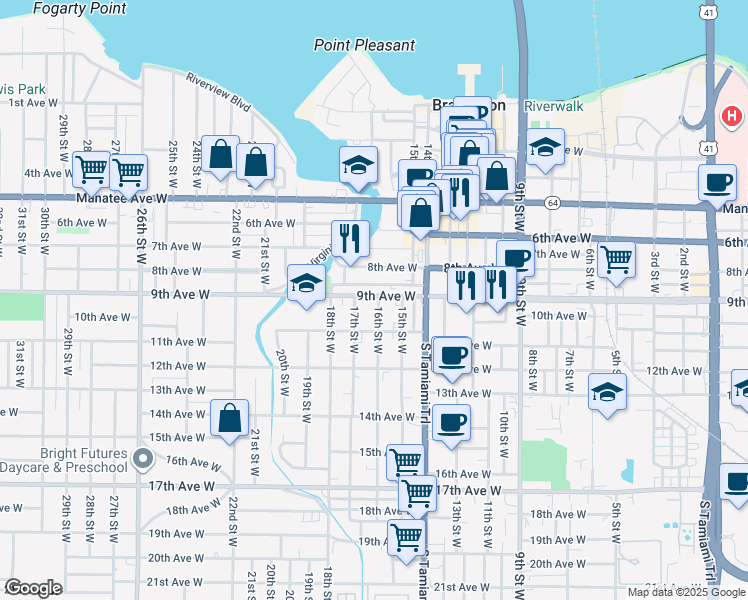 map of restaurants, bars, coffee shops, grocery stores, and more near 1619 Ballard Park Drive in Bradenton