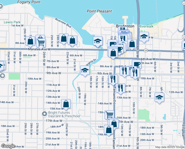 map of restaurants, bars, coffee shops, grocery stores, and more near 1715 9th Avenue West in Bradenton