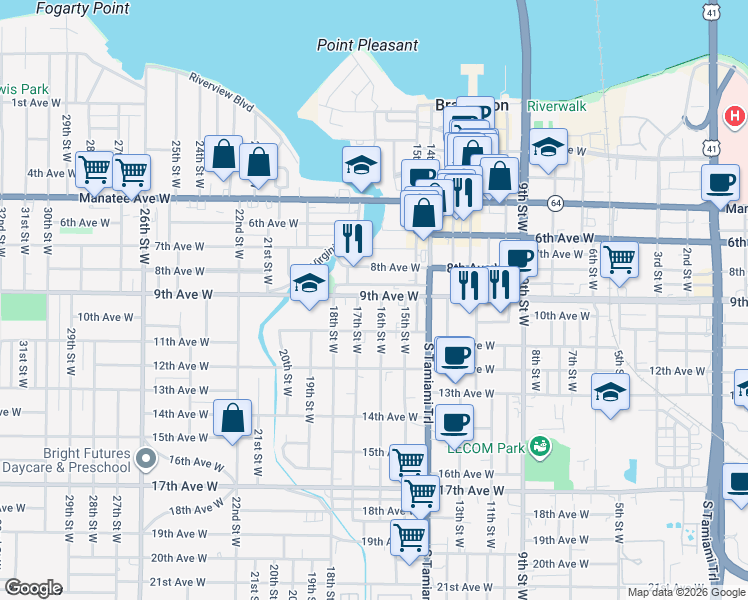 map of restaurants, bars, coffee shops, grocery stores, and more near 1619 Ballard Park Drive in Bradenton