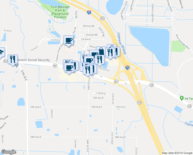 map of restaurants, bars, coffee shops, grocery stores, and more near 6502 Highway 64 in Bradenton