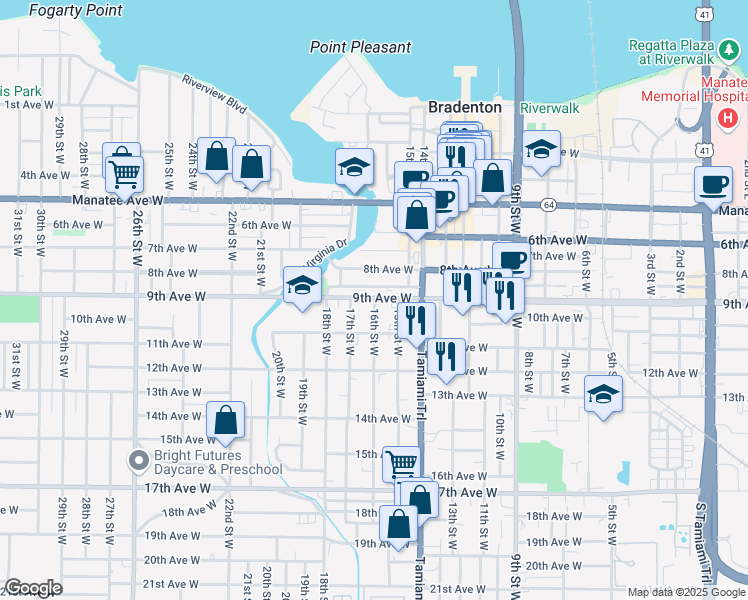 map of restaurants, bars, coffee shops, grocery stores, and more near 1619 Ballard Park Drive in Bradenton