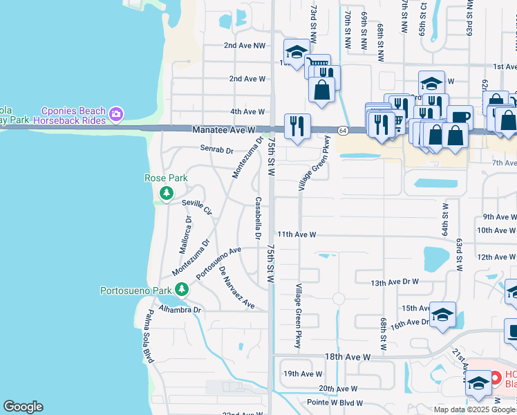 map of restaurants, bars, coffee shops, grocery stores, and more near 7602 San Juan Avenue in Bradenton