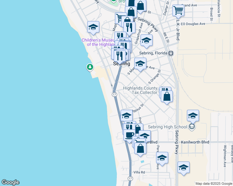 map of restaurants, bars, coffee shops, grocery stores, and more near 401 South Franklin Street in Sebring