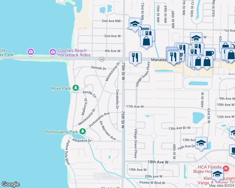 map of restaurants, bars, coffee shops, grocery stores, and more near Casabella Drive in Bradenton