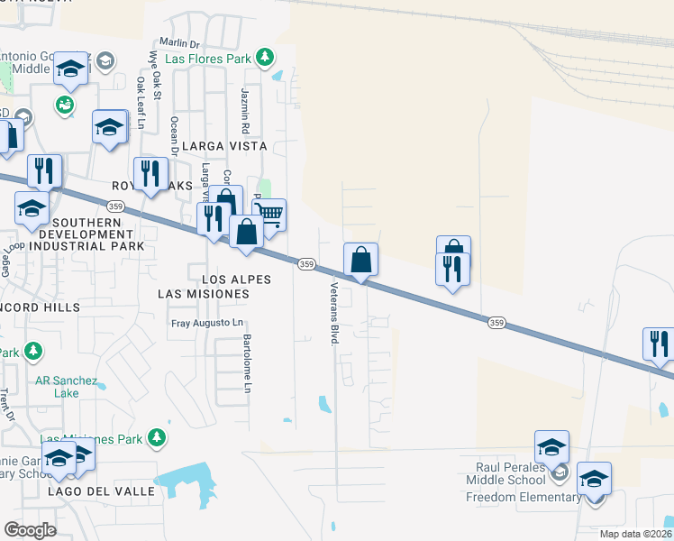 map of restaurants, bars, coffee shops, grocery stores, and more near 5782 Texas 359 in Laredo