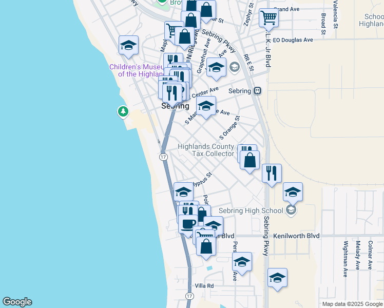 map of restaurants, bars, coffee shops, grocery stores, and more near 350 Oak Avenue in Sebring
