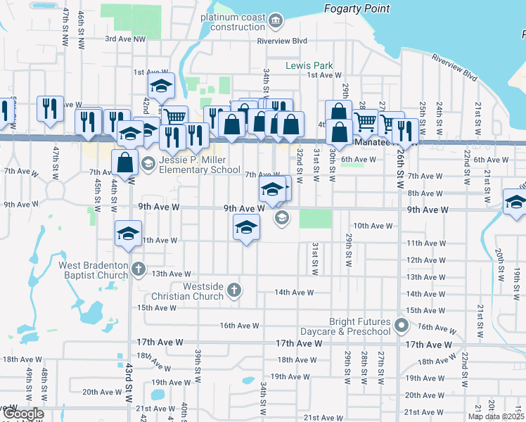map of restaurants, bars, coffee shops, grocery stores, and more near in Manatee County