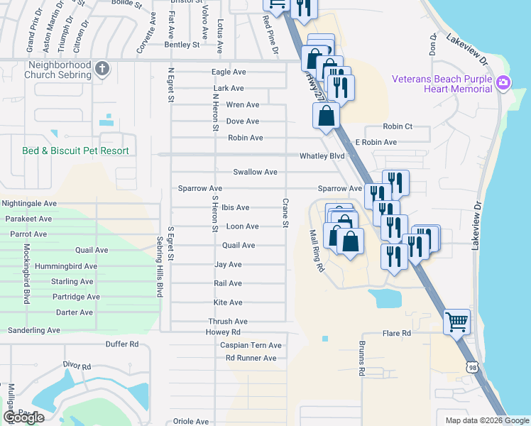 map of restaurants, bars, coffee shops, grocery stores, and more near 212 Ibis Avenue in Sebring