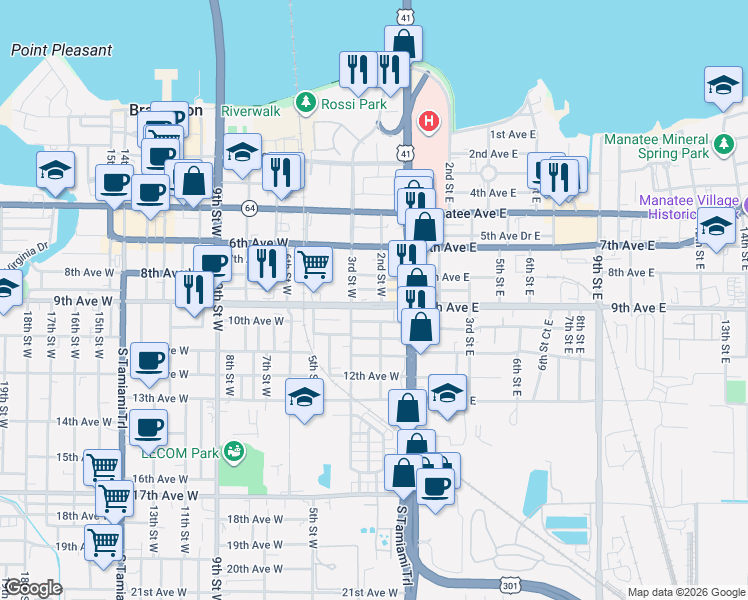 map of restaurants, bars, coffee shops, grocery stores, and more near 208 9th Street West in Bradenton