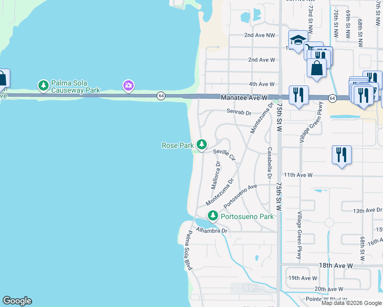map of restaurants, bars, coffee shops, grocery stores, and more near 1002 Palma Sola Boulevard in Bradenton