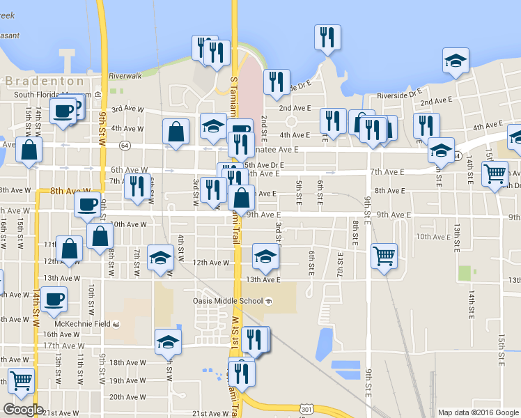 map of restaurants, bars, coffee shops, grocery stores, and more near 203 9th Avenue East in Bradenton