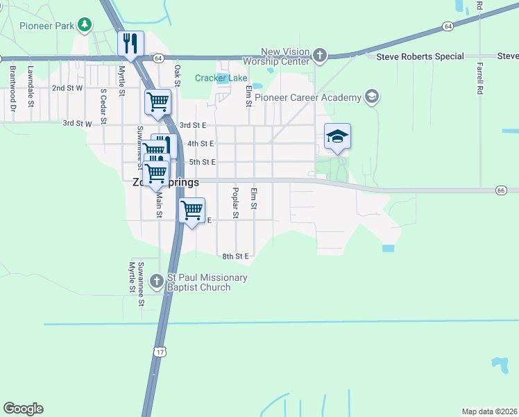 map of restaurants, bars, coffee shops, grocery stores, and more near 3446 Elm Street in Zolfo Springs