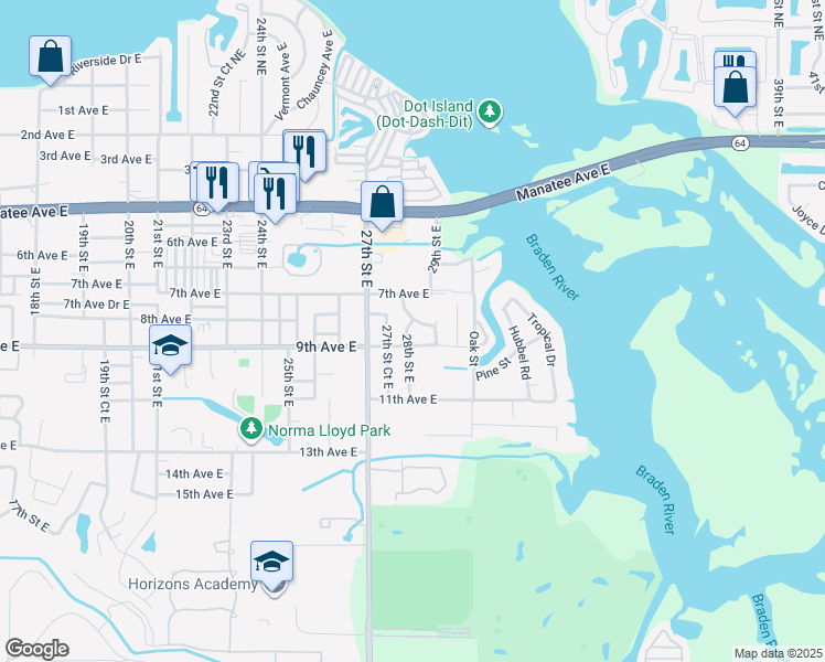 map of restaurants, bars, coffee shops, grocery stores, and more near 809 28th Street East in Bradenton