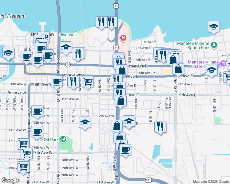 map of restaurants, bars, coffee shops, grocery stores, and more near 820 1st Street West in Bradenton