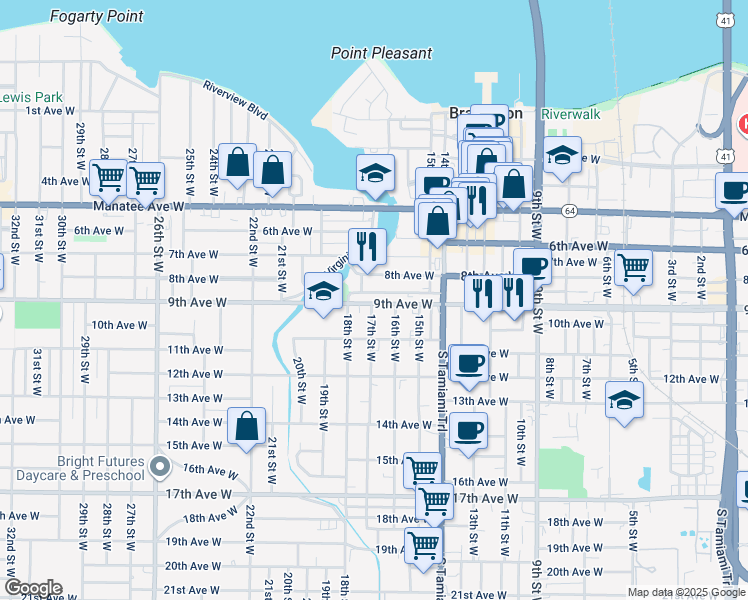 map of restaurants, bars, coffee shops, grocery stores, and more near 1619 Ballard Park Drive in Bradenton