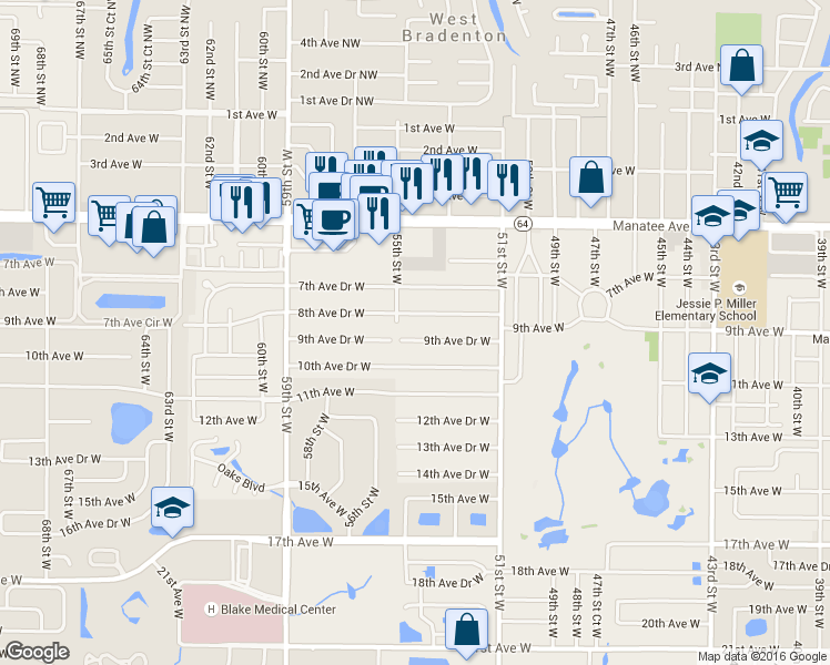 map of restaurants, bars, coffee shops, grocery stores, and more near 5316 9th Avenue Drive West in Bradenton