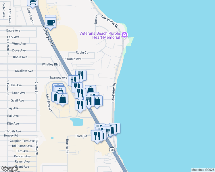 map of restaurants, bars, coffee shops, grocery stores, and more near Prospect Drive in Sebring