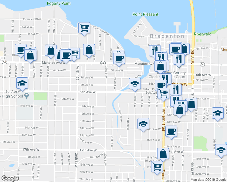 map of restaurants, bars, coffee shops, grocery stores, and more near 820 21st Street West in Bradenton