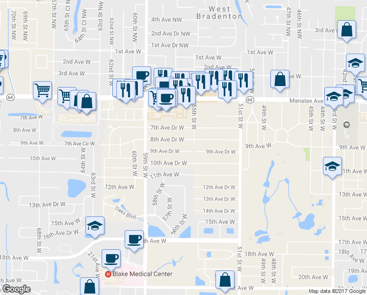 map of restaurants, bars, coffee shops, grocery stores, and more near 5518 9th Avenue Drive West in Bradenton