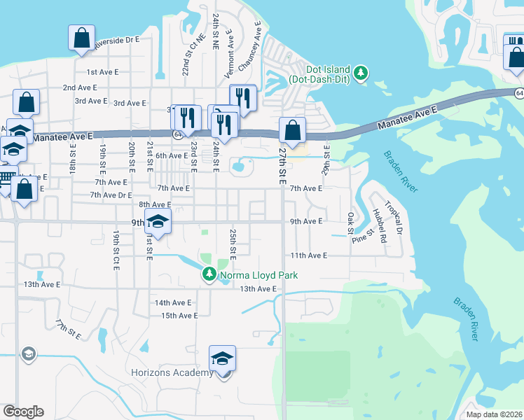 map of restaurants, bars, coffee shops, grocery stores, and more near 812 26th Street East in Bradenton