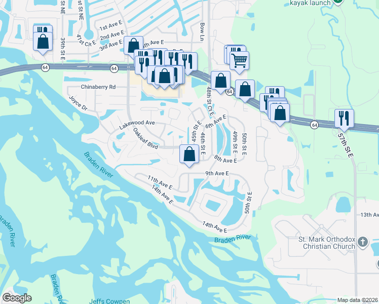 map of restaurants, bars, coffee shops, grocery stores, and more near 713 45th Street East in Bradenton