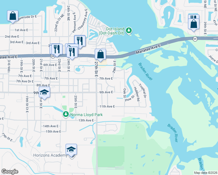 map of restaurants, bars, coffee shops, grocery stores, and more near 809 28th Street East in Bradenton