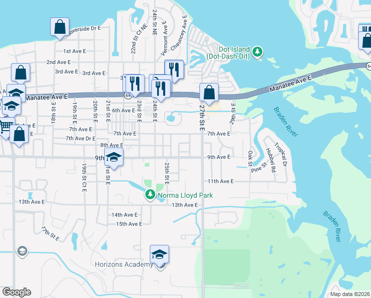 map of restaurants, bars, coffee shops, grocery stores, and more near 812 26th Street East in Bradenton