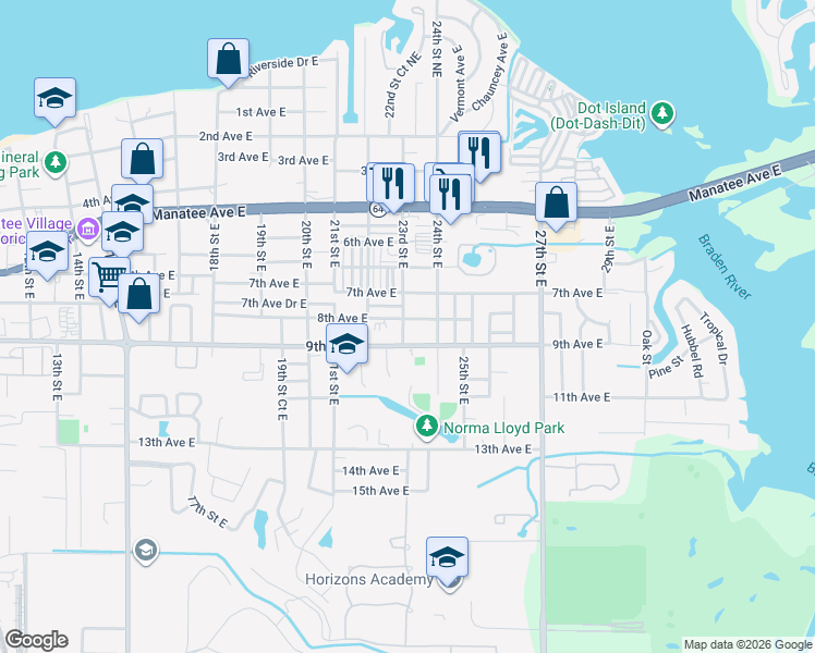 map of restaurants, bars, coffee shops, grocery stores, and more near 802 23rd Street East in Bradenton