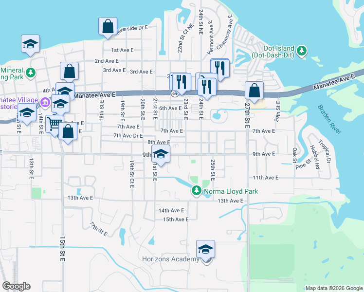 map of restaurants, bars, coffee shops, grocery stores, and more near 802 23rd Street East in Bradenton