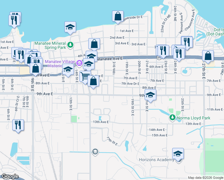 map of restaurants, bars, coffee shops, grocery stores, and more near 814 18th Street East in Bradenton